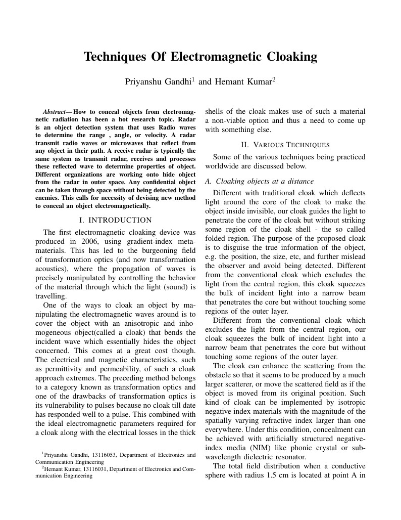 Techniques Of Electromagnetic Cloaking