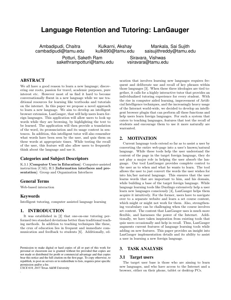 Language Retention and Tutoring: LanGauger