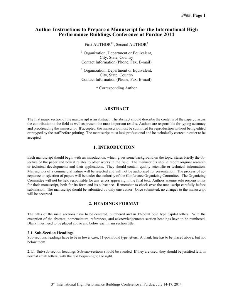Template for International High Performance Buildings Conference at Purdue