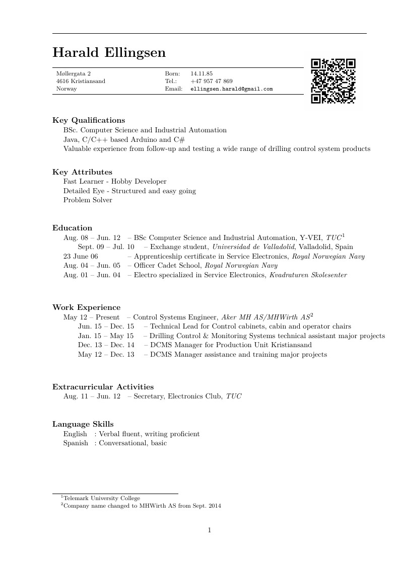 CV with QR code LaTeX for engineering jobs