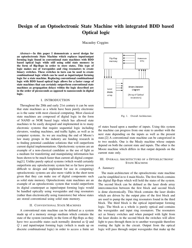 Design of an Optoelectronic State Machine with integrated BDD based Optical logic
