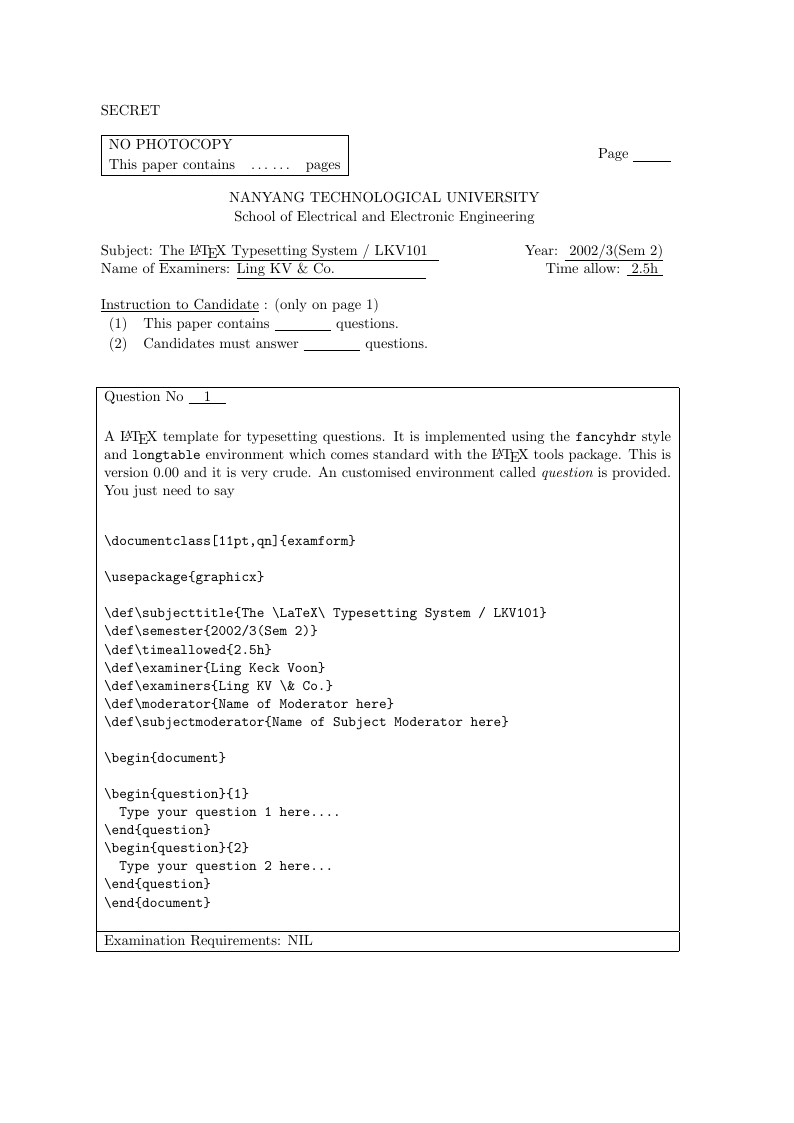 NTU EEE exam form template