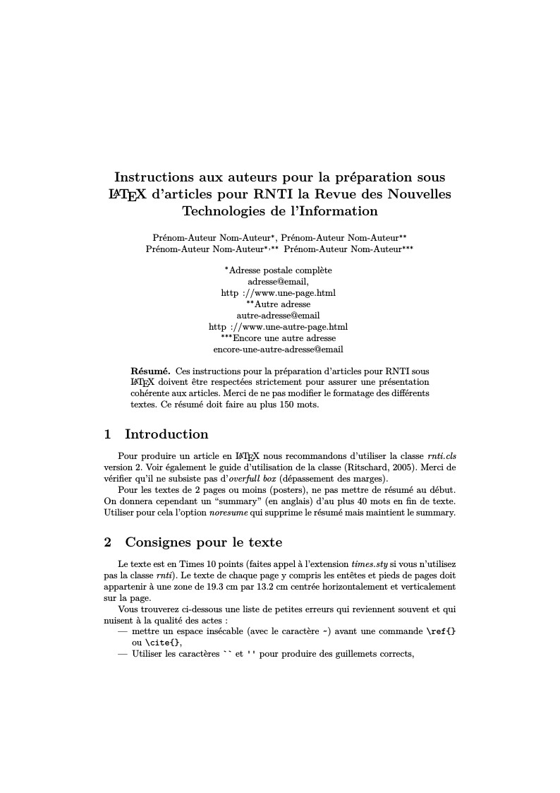 Instructions aux auteurs pour la préparation sous LaTeX\ d'articles pour RNTI la Revue des Nouvelles Technologies de l'Information