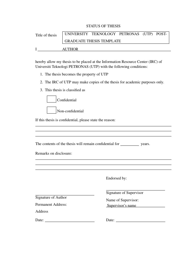 University Teknology PETRONAS (UTP) Postgraduate Thesis Template