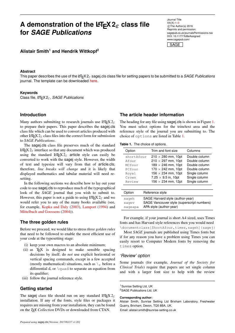 A demonstration of the LaTeX2e class file for SAGE Publications
