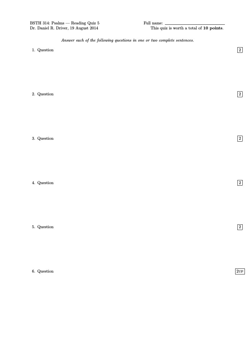 Dr Driver's standard reading quiz template