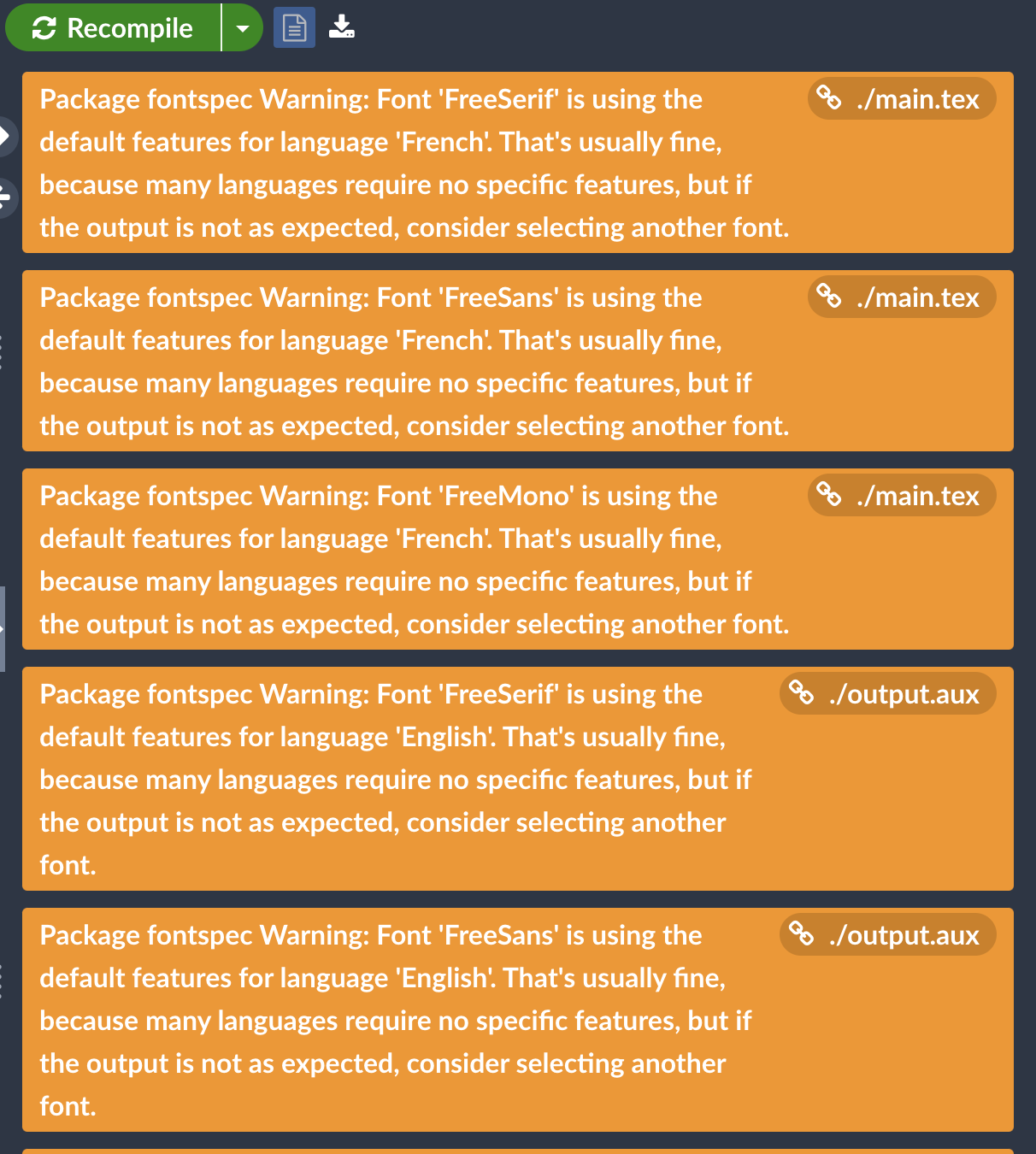 Some font warnings produced using the babel package