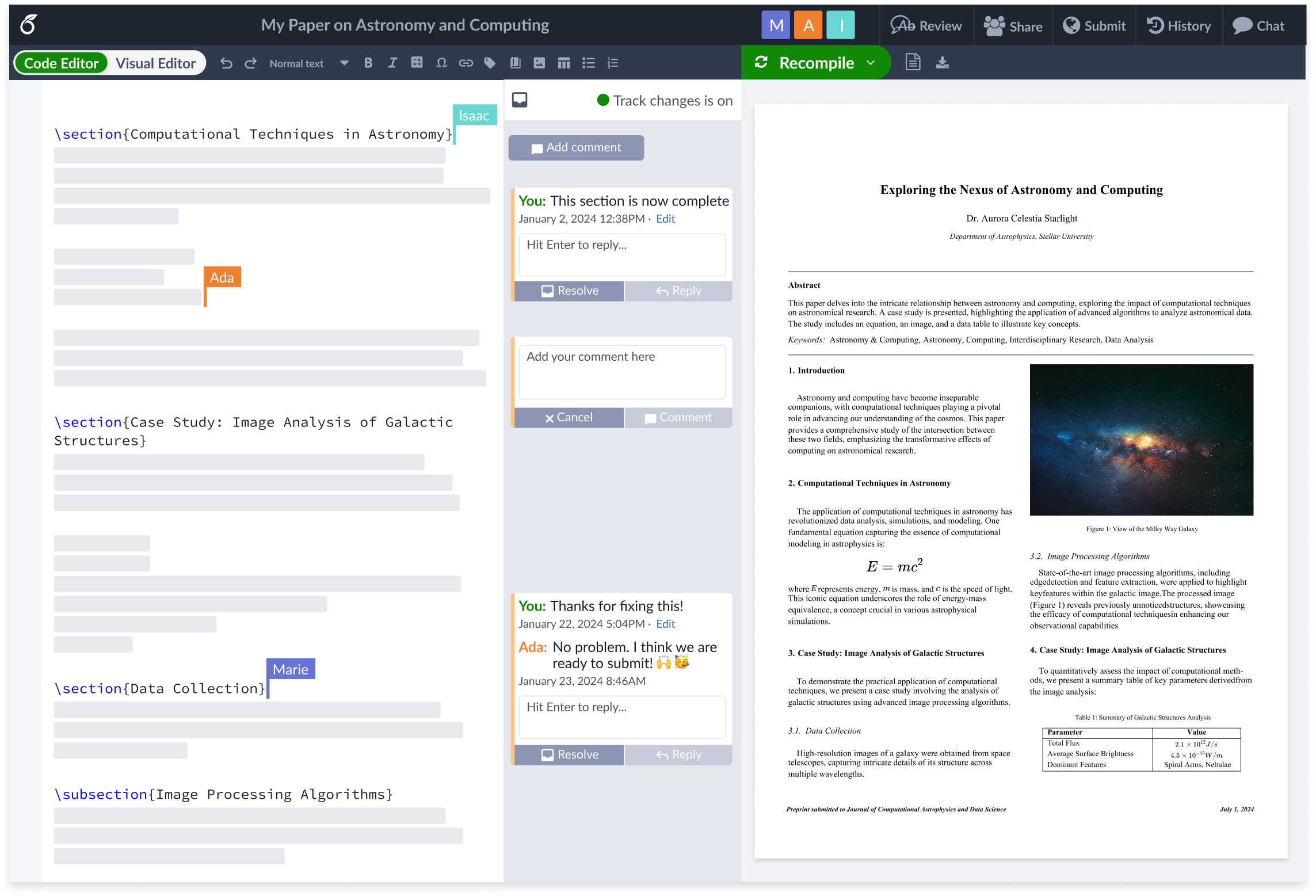 Multiple collaborators working on an Overleaf document in real-time